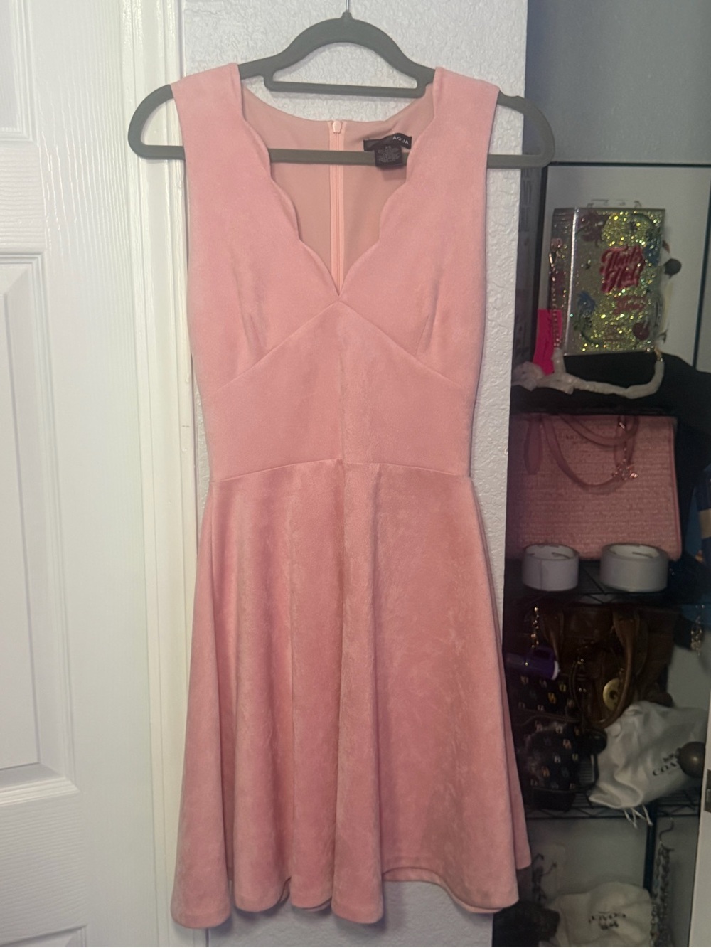 Aqua Blush Pink Scallop V‑Neck Fit & Flare Mini Dress